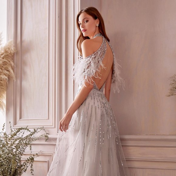 NEW LONG SLEEVELESS A-LINE TULLE GOWN EMBROIDERED WITH FEATHERS & BEADS AL A1023 - Picture 7 of 9
